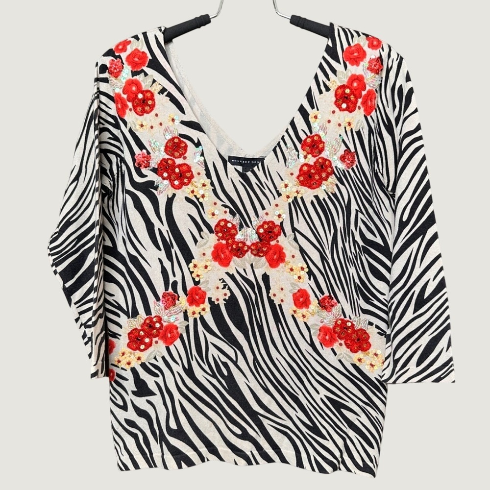 Maurice Sasson Zebra Print Silk Blend Blouse Top Embellished Red Beads Sequins S